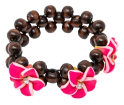 Three Plumeria Wood Bead Bracelet: Pink